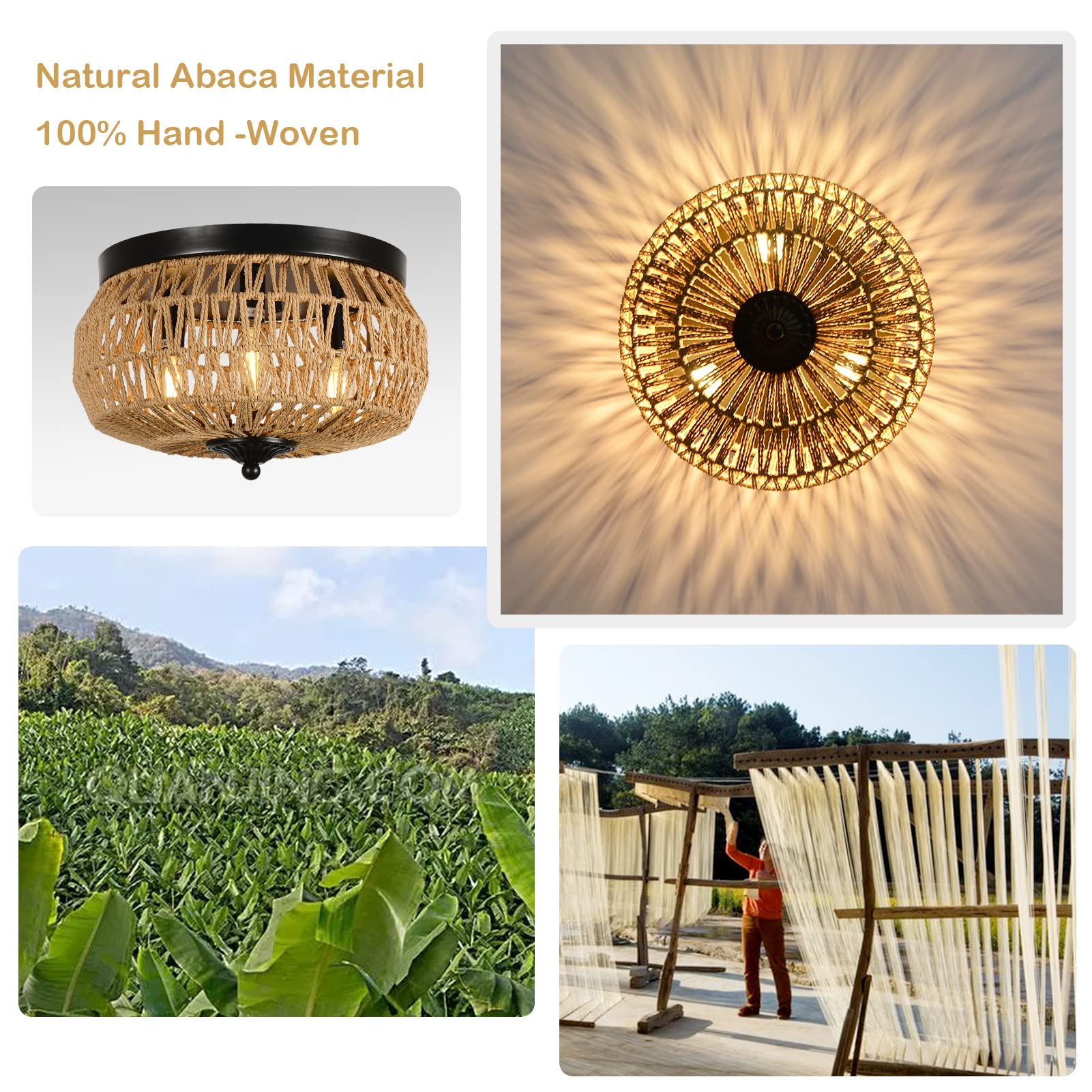 Aivvus 3-Lights Woven Rattan Flush Mount shade detail highlights natural rattan texture and boho ambiance.