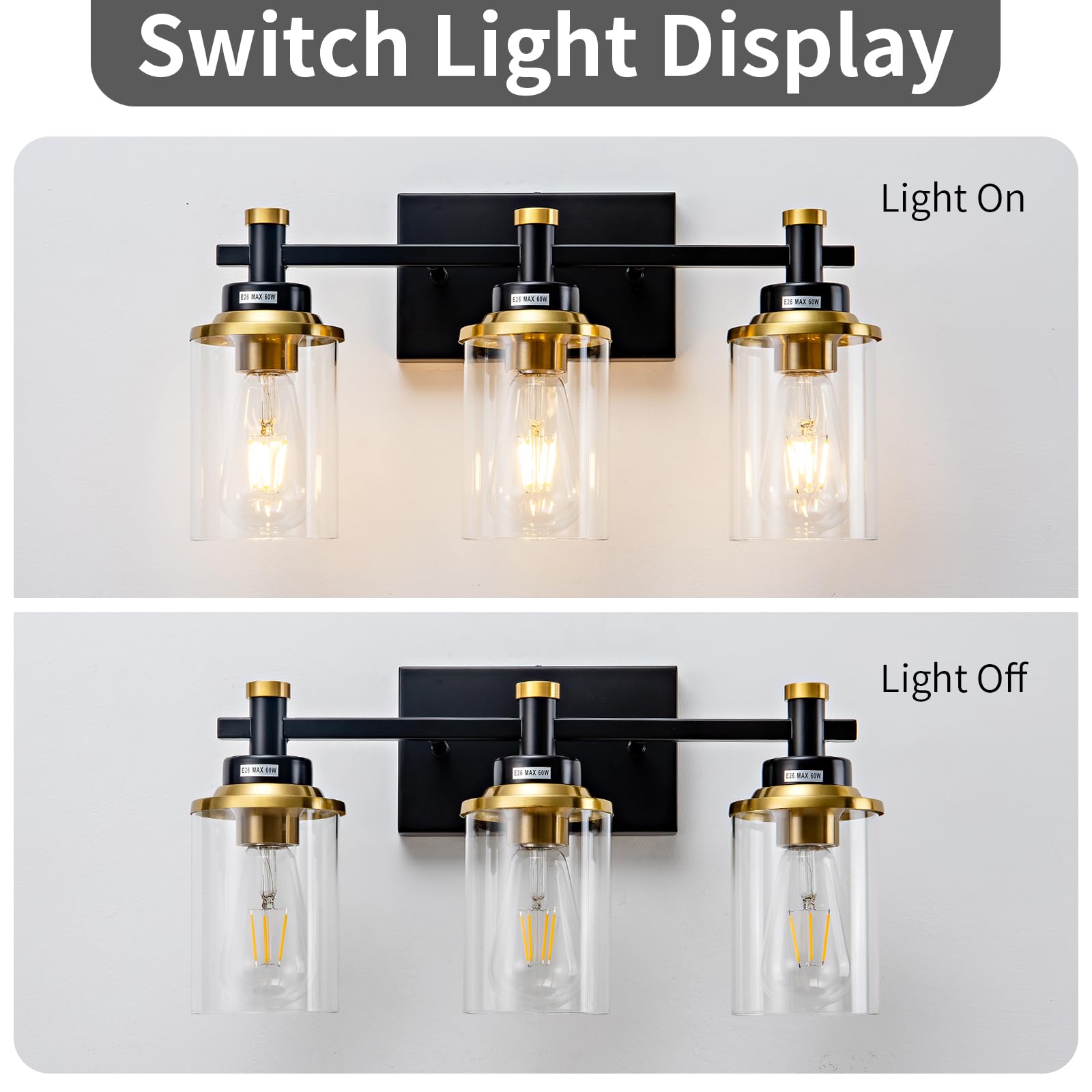 Aixialin 3-light vanity fixture with E26 compatibility for flexible brightness