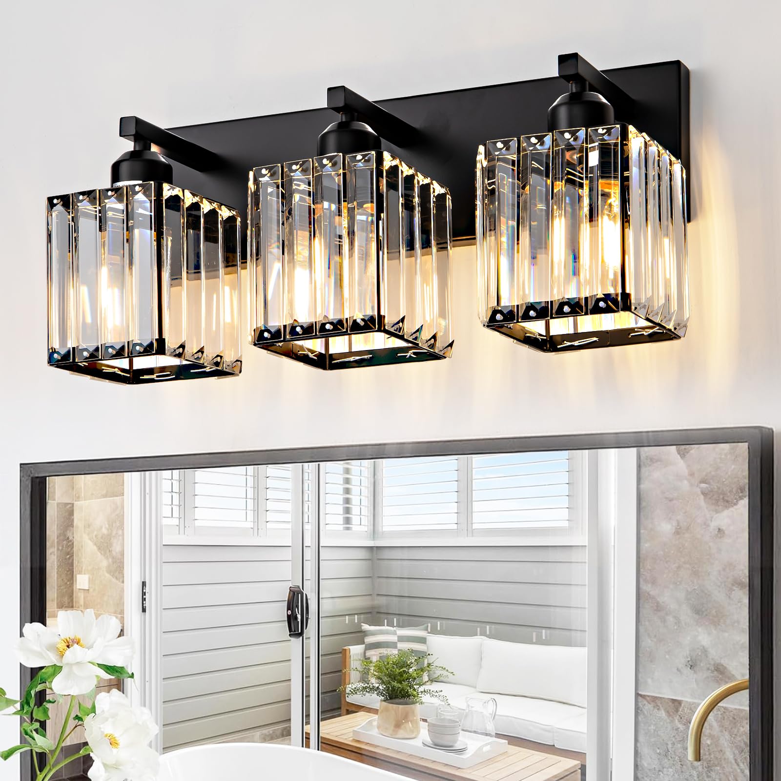Aixialin black bathroom vanity light with 3 crystals offering a luxe mirror glow.