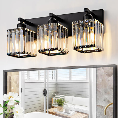 Aixialin black bathroom vanity light with 3 crystals offering a luxe mirror glow.
