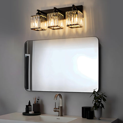 Aixialin crystal shade vanity light highlighting clear facets for refined bathroom lighting.