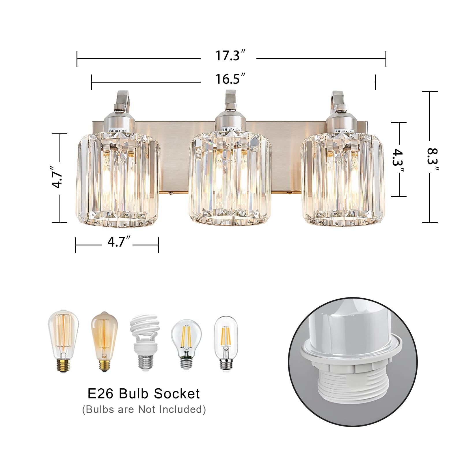 Aixialin vanity light with E26 base supports dimmable bulbs for adjustable brightness