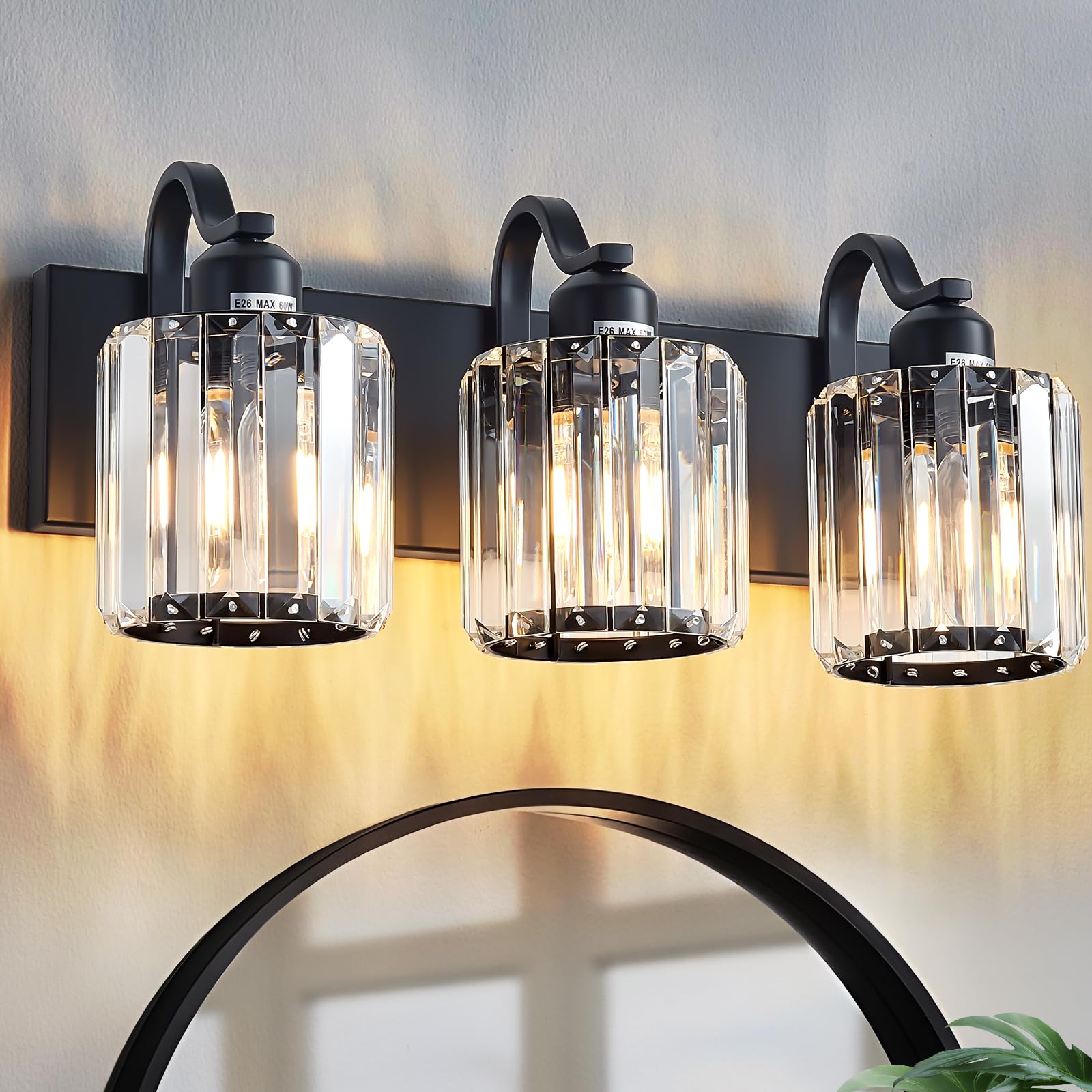Aixialin Modern 3-Lights black vanity light with crystal shade enhances ambiance.