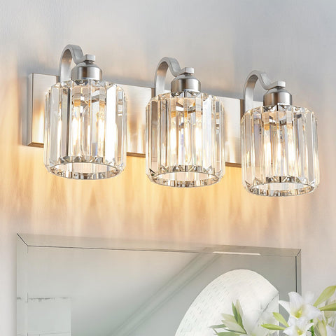 Aixialin vanity light with crystal round shade enhances bathroom ambiance with sparkling clarity