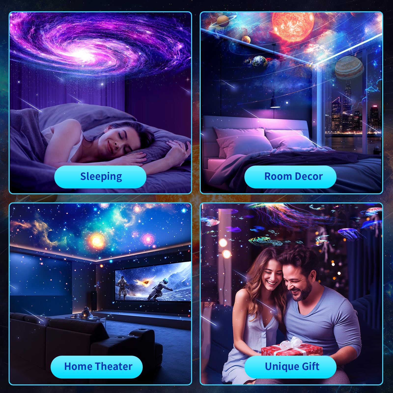 aiyyotto Star Projector night light mode adds gentle bedroom illumination.