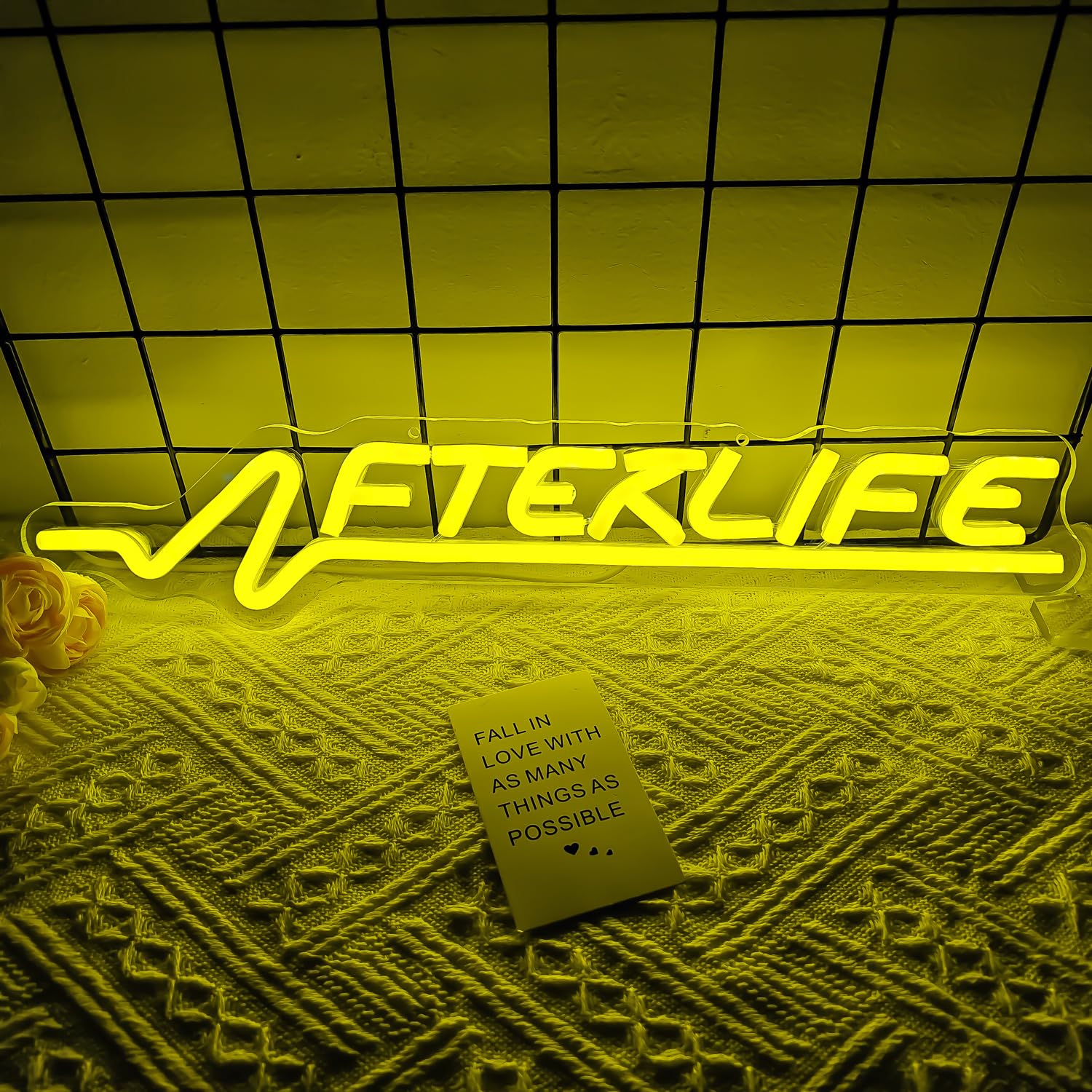 Ajoyferris Cyberpunk neon sign front view, bright gaming room ambience.