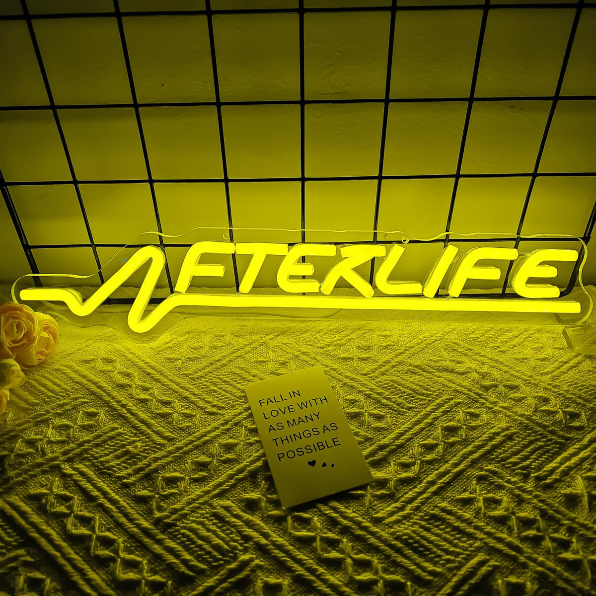 Ajoyferris Cyberpunk neon sign front view, bright gaming room ambience.
