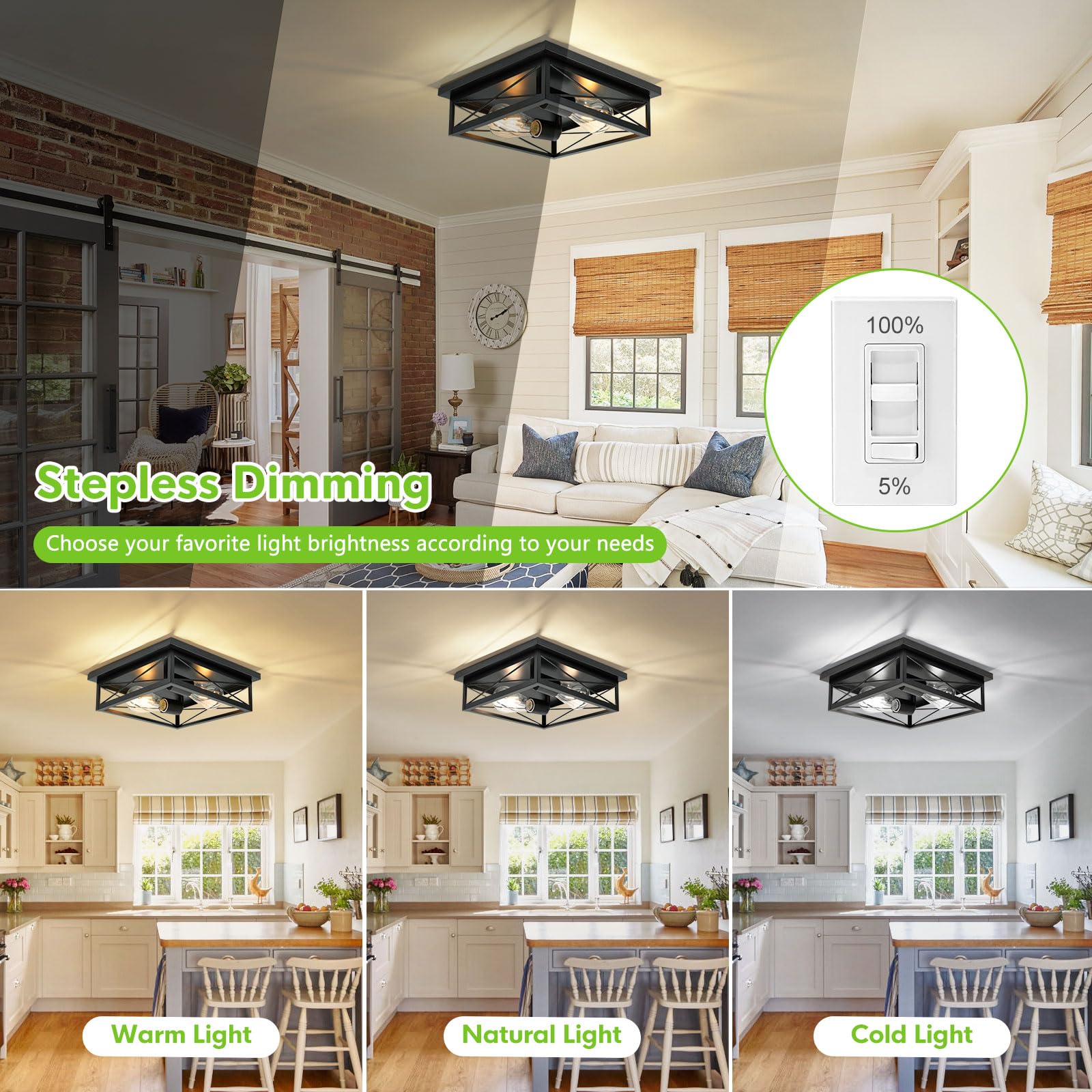 AKAARI black flush mount with E26 socket supports flexible bulb choices.