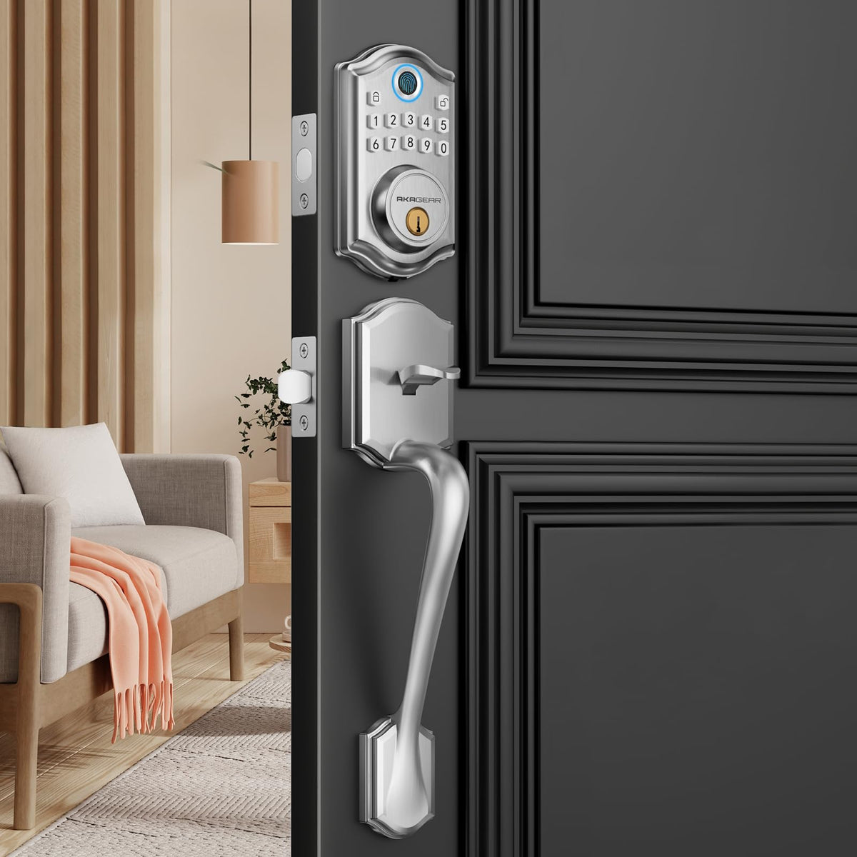 AkaGear DS10 handle-set front view with satin nickel finish for curb appeal and durability