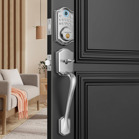 AkaGear DS10 handle-set front view with satin nickel finish for curb appeal and durability