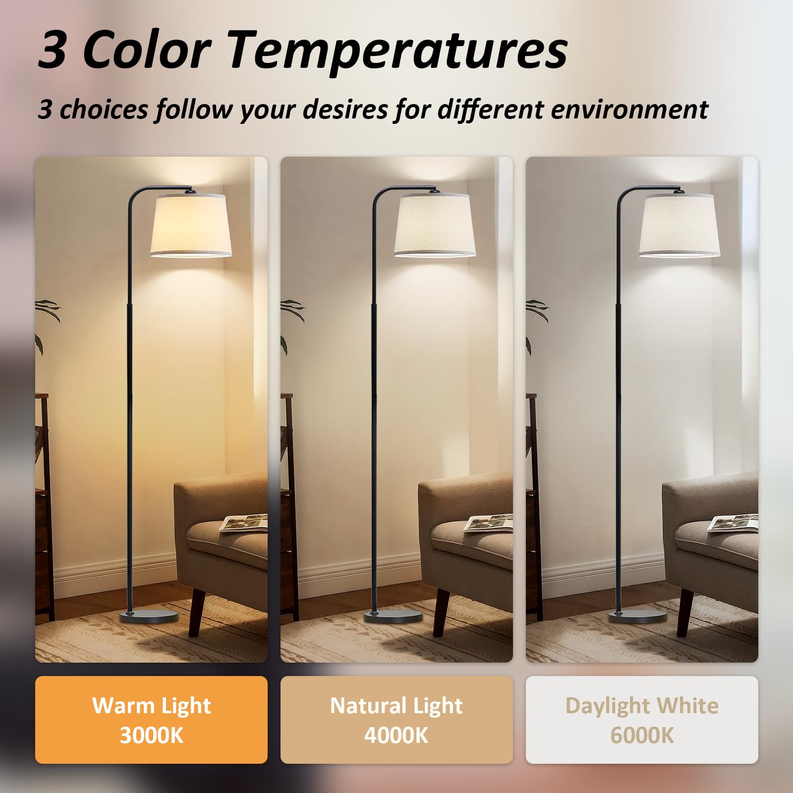 AKASUKI floor lamp offering 3 CCT settings for warm, natural, and daylight tasks