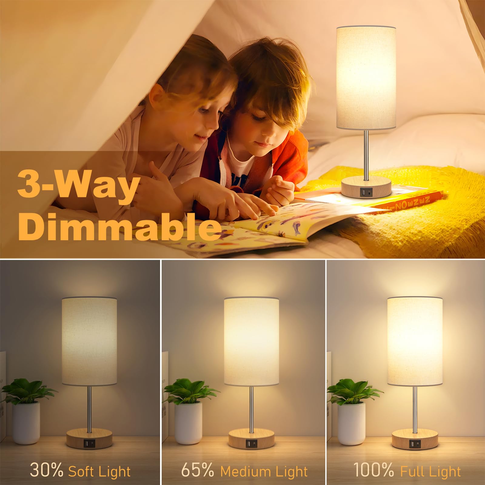 AKASUKI table lamp demonstrating 3-way dimming for ambient, reading, or task lighting.