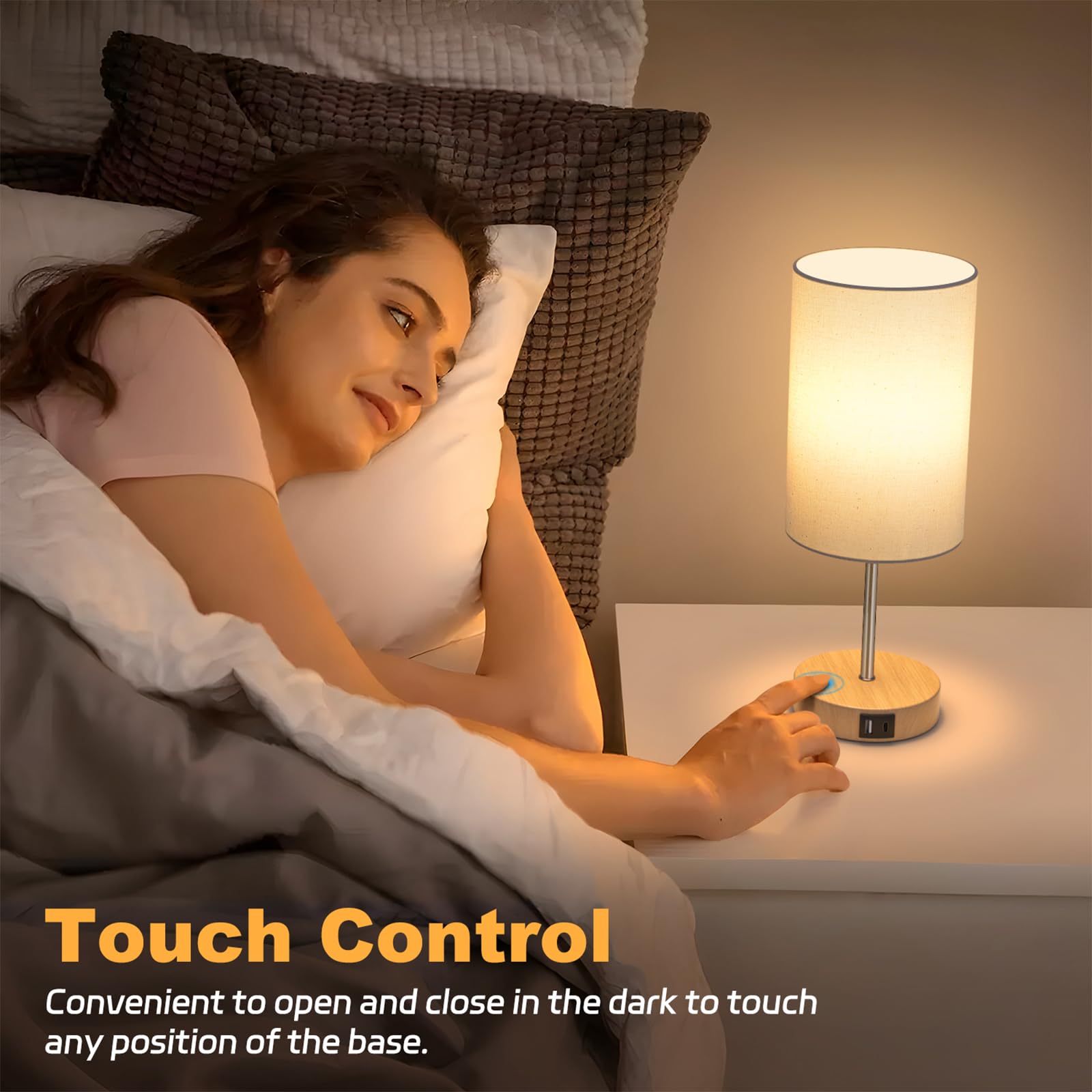 AKASUKI table lamp highlighting dual USB ports charging two devices at once.
