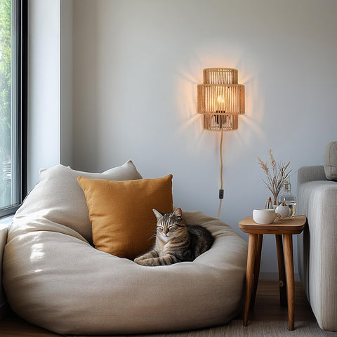 AKEETO Bohemian wall sconce beside bed provides warm reading light.