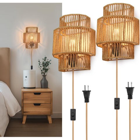 AKEETO plug-in wall sconce with handwoven shade for Bohemian living room ambiance.