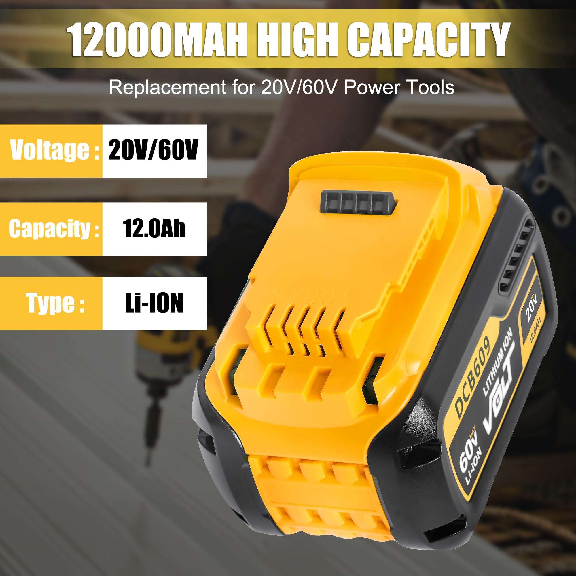 AKELOR DeWalt 12.0Ah battery pack, side view for extended use