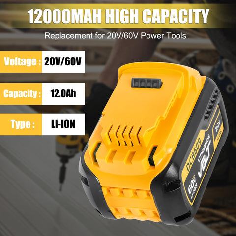 AKELOR DeWalt 12.0Ah battery pack, side view for extended use