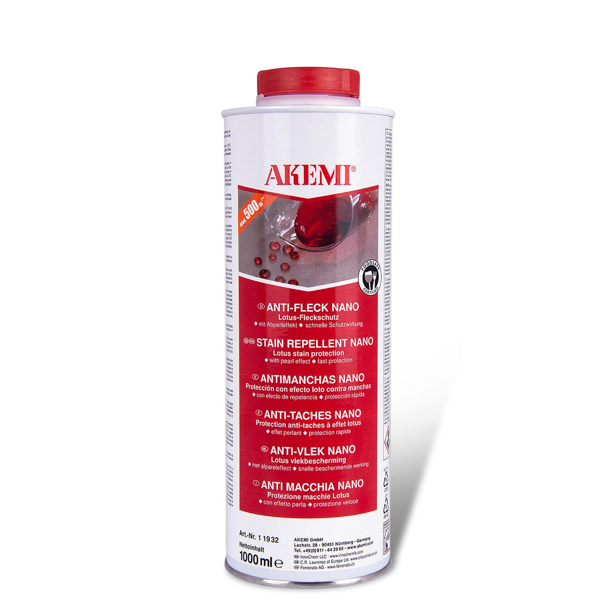 Akemi Stain Repellent Nano 1L bottle front view for easy at-home protection.