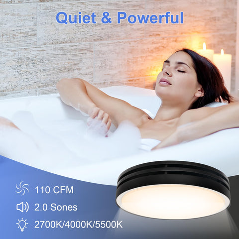 Black round Akicon ceiling fan blending with modern bathroom decor