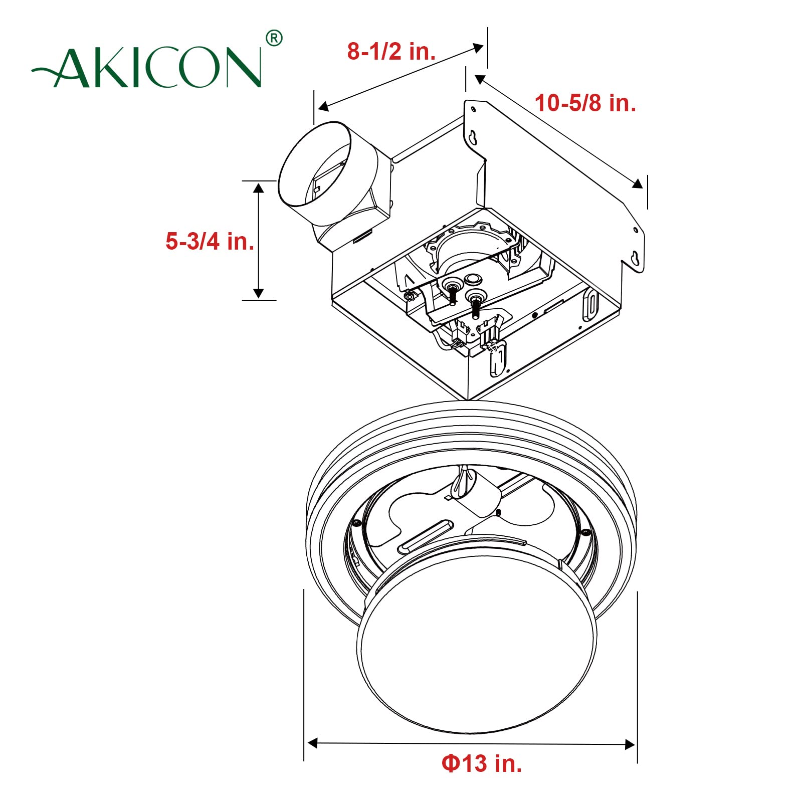 Akicon housing measures 8-1/2 by 8-1/2 by 5-3/4 inches.