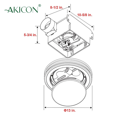 Akicon housing measures 8-1/2 by 8-1/2 by 5-3/4 inches.