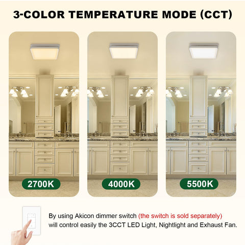 Akicon LED shower light options 2700K, 4000K, 5500K for flexible brightness