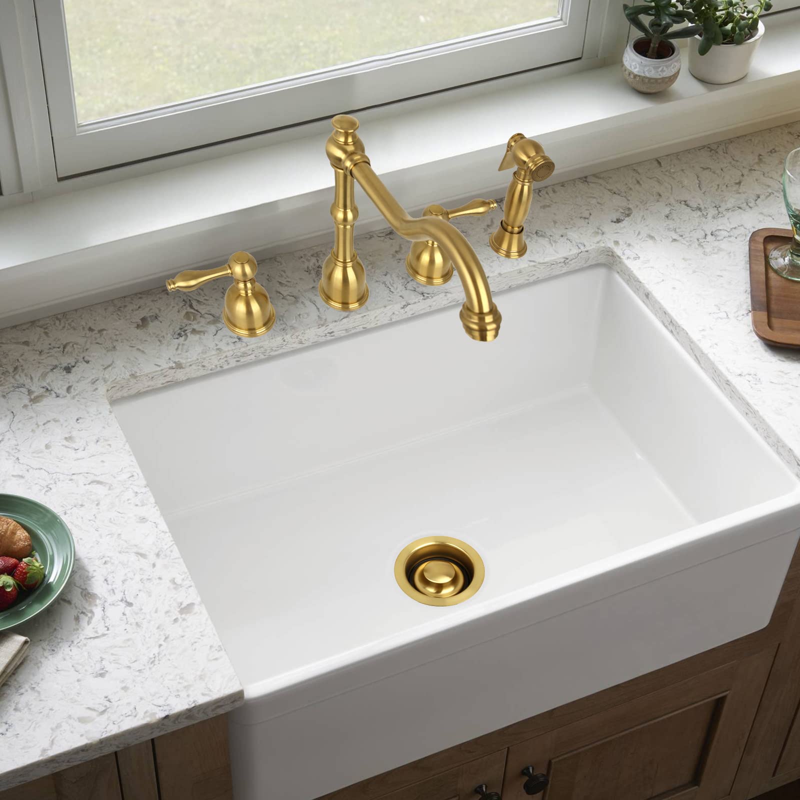 Akicon hand-finished antique copper detail complements copper sinks.