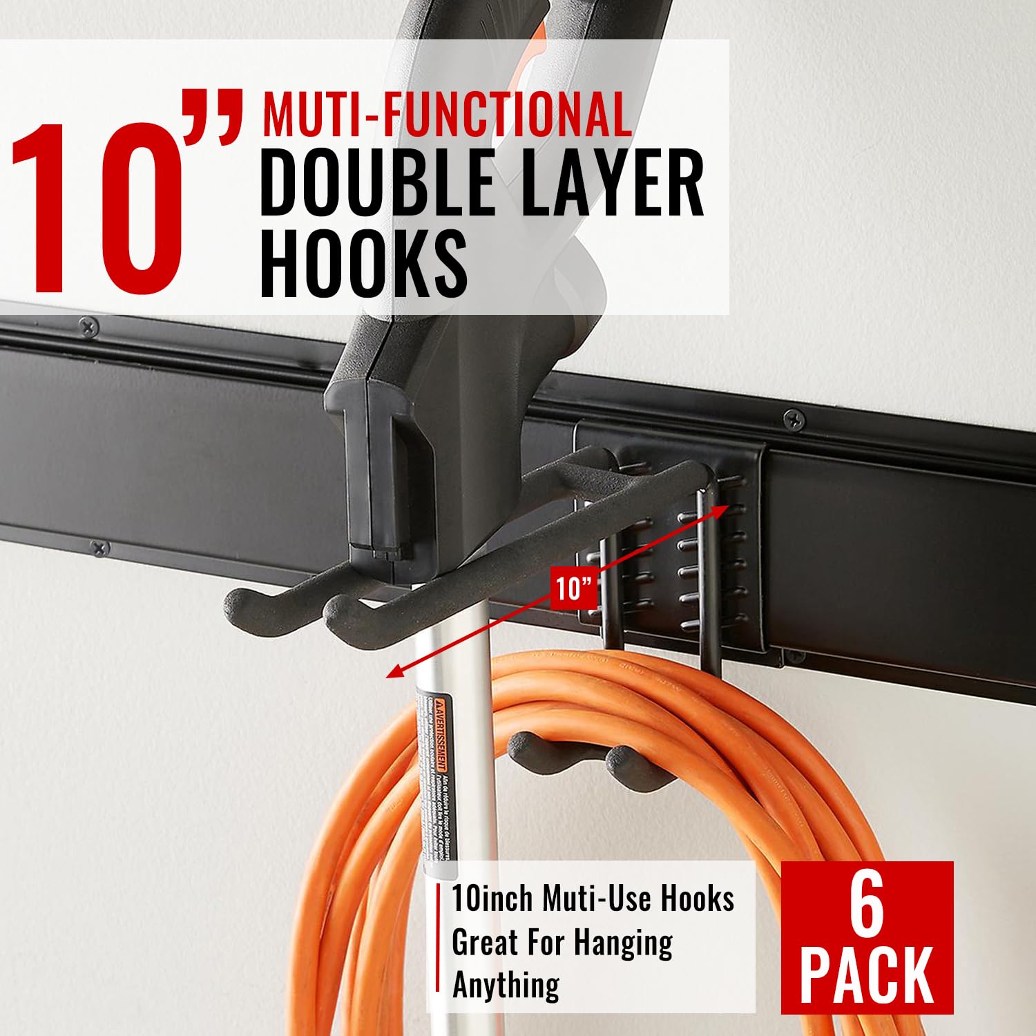 Aking Ace adjustable hooks 10-inch on rails provide flexible storage for long-handled tools.