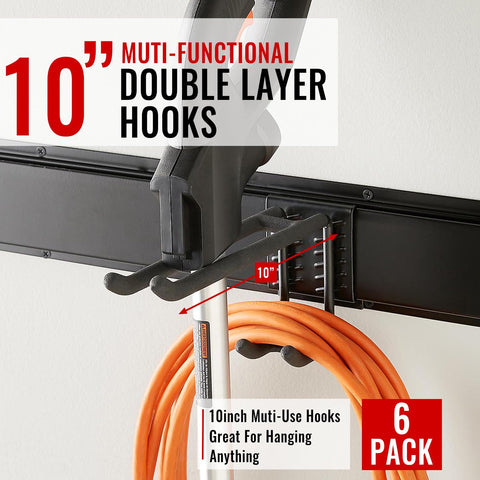 Aking Ace adjustable hooks 10-inch on rails provide flexible storage for long-handled tools.