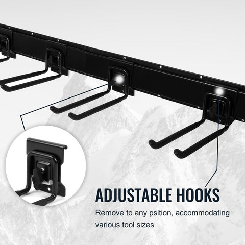 Aking Ace adjustable wall track lets you reposition hooks for different tool sizes.