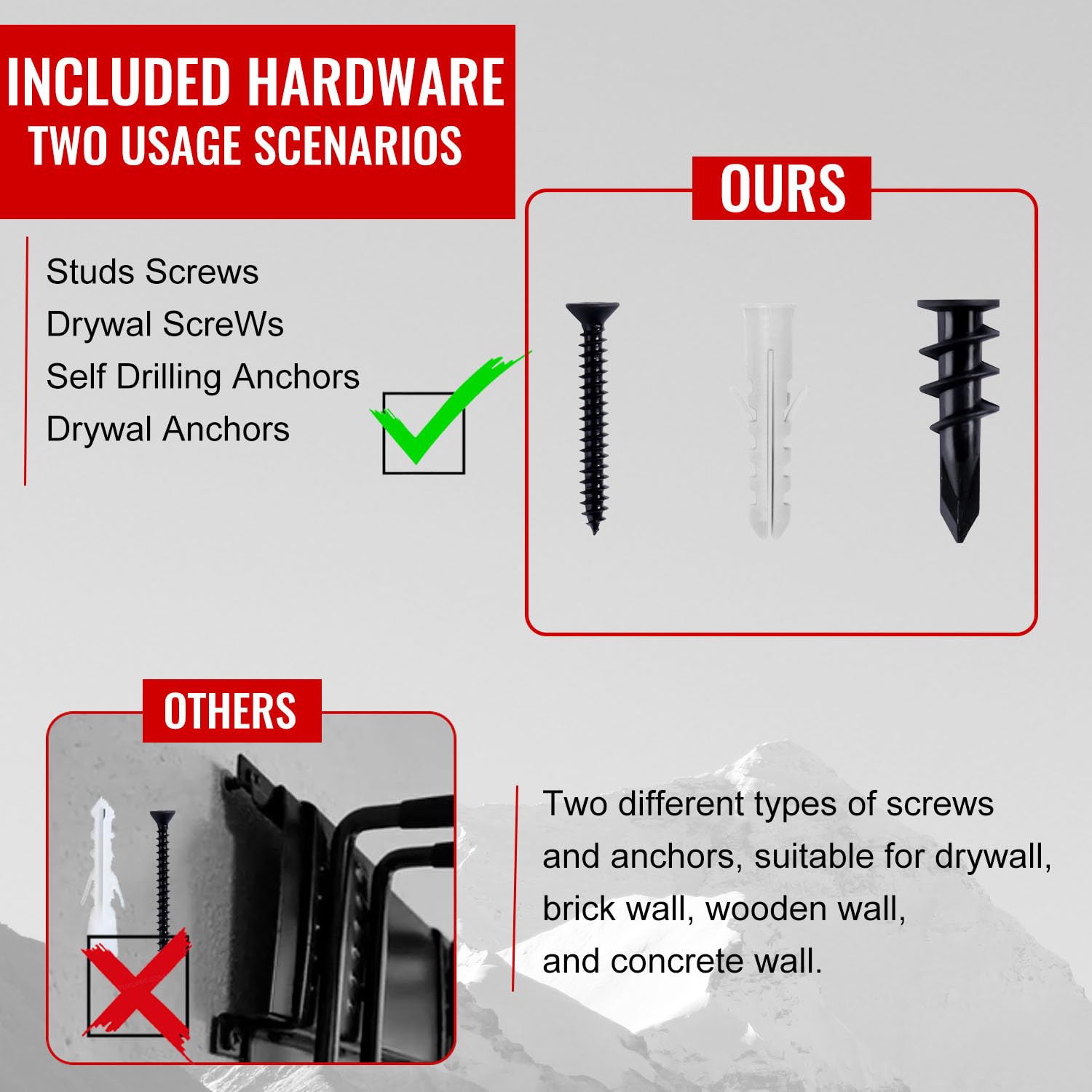 Aking Ace wall-mount system with six hooks keeps yard tools within reach.