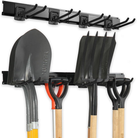 Aking Ace 32-inch garage wall-mount rack keeps yard tools accessible.