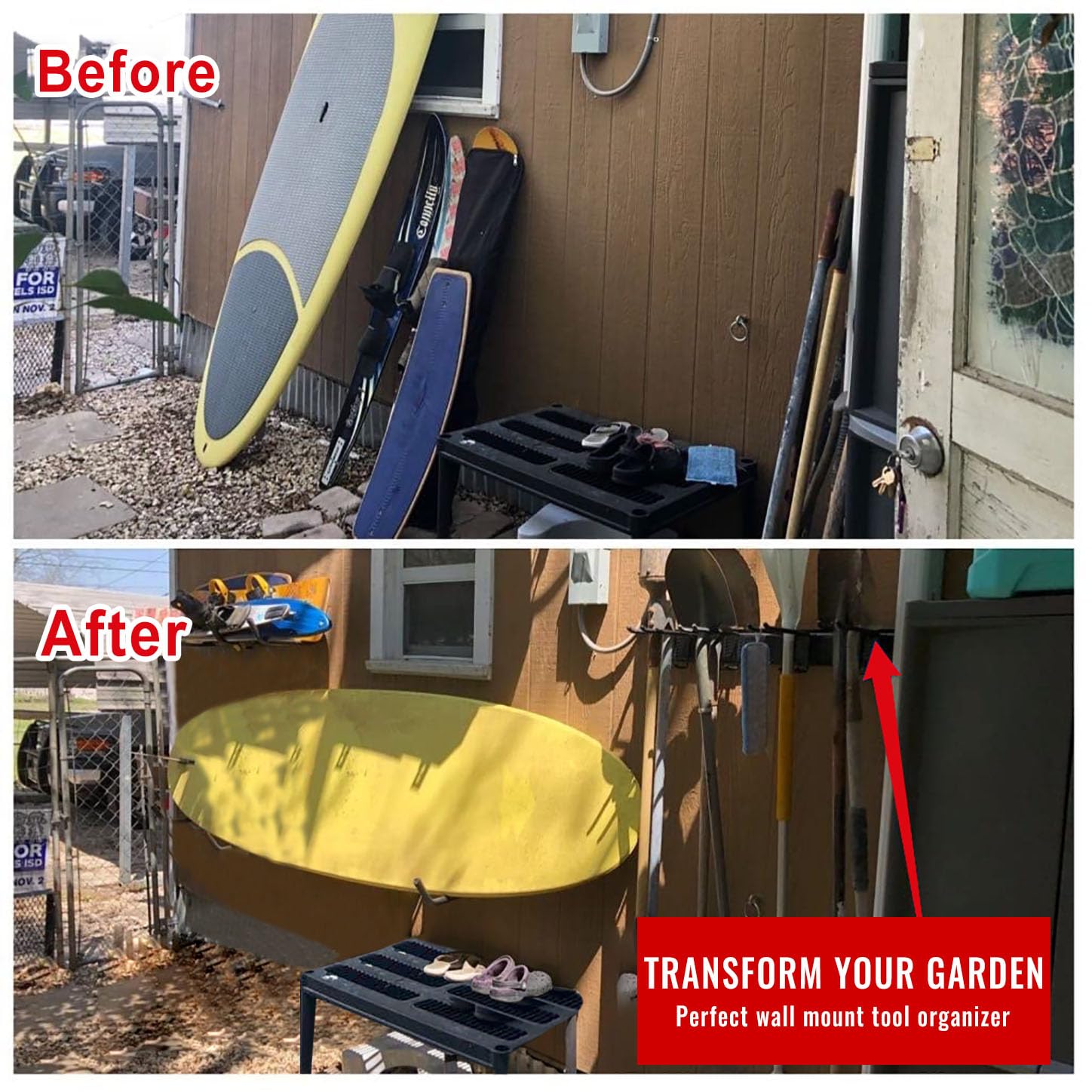 Aking Ace garden tool hanger saves space in shed and garage.