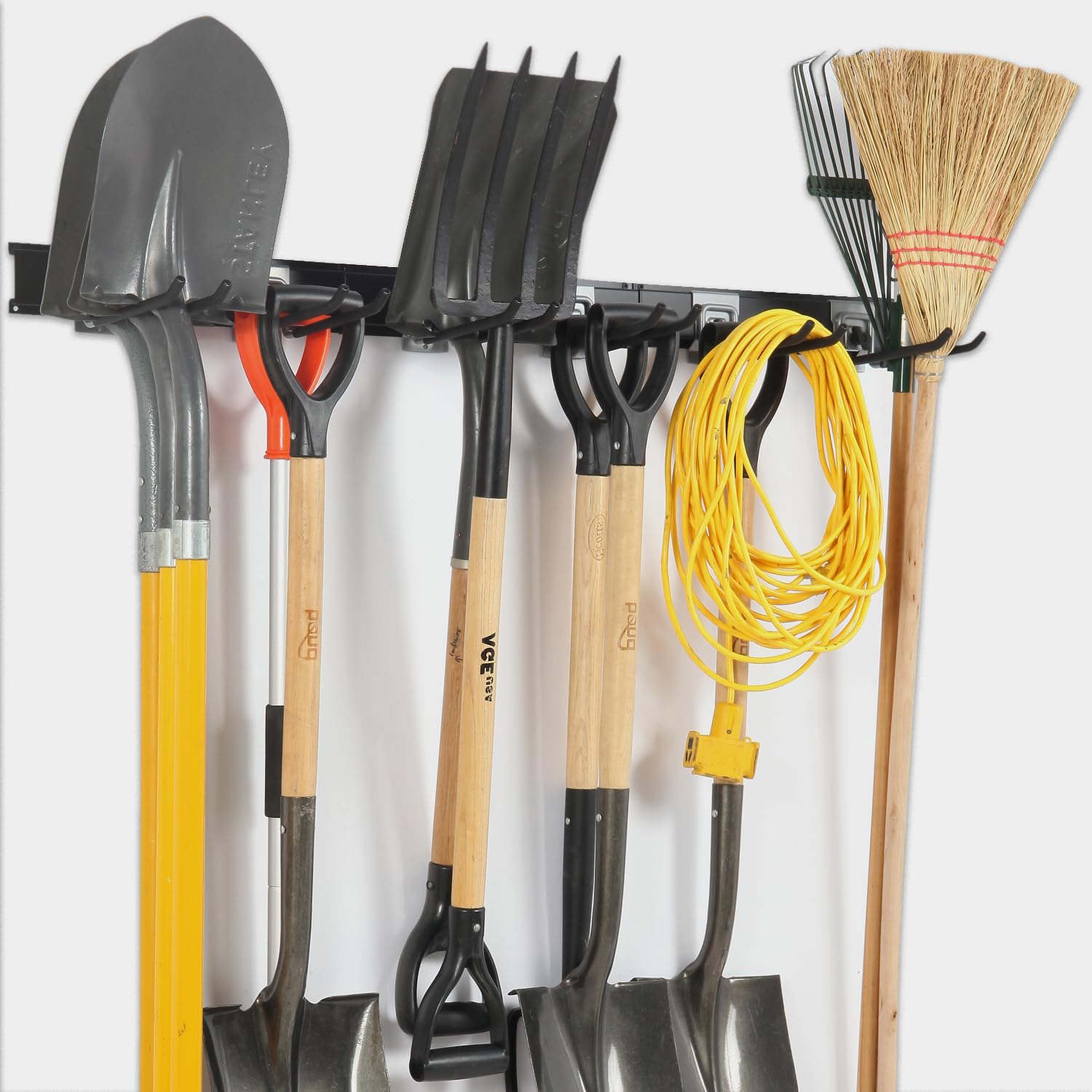 Aking Ace organization solution keeps shovels and rakes within reach.