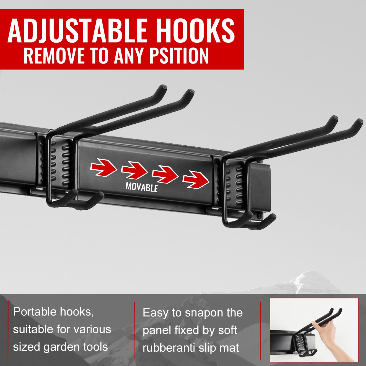 Aking Ace rubber-coated hooks protect tools from scratches while organizing garden gear.