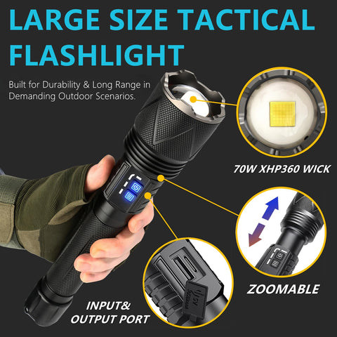 AKISONG 70W flashlight USB-C port close-up for quick charging