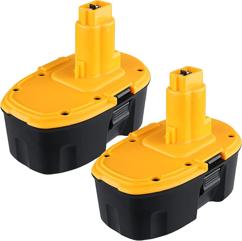 Akkopower 18V two-pack 5Ah battery set for DeWalt, front view, ready for fast replacement.