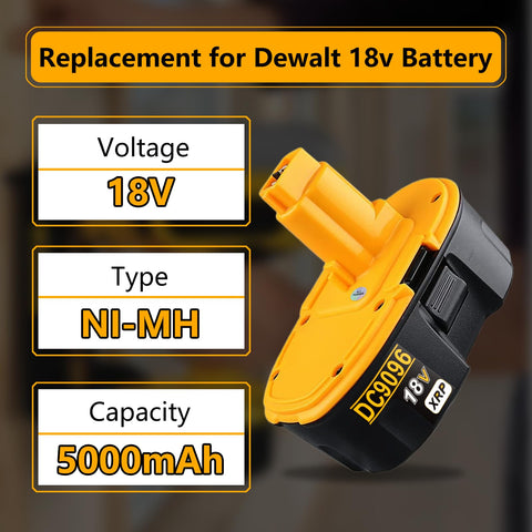 Akkopower 18V two-pack battery, side view, compact design for DeWalt tools.