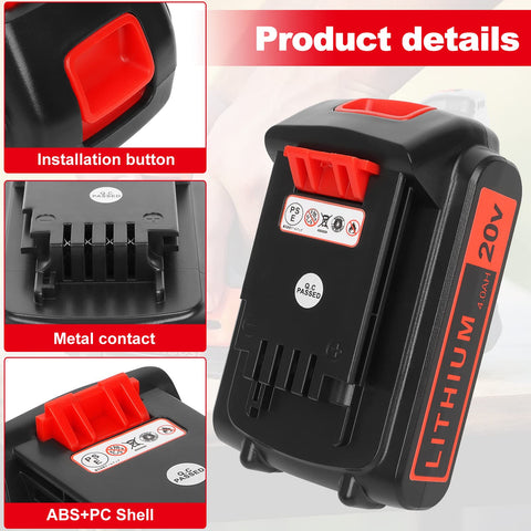 Akkopower 20V battery compatible with Black+Decker chargers for quick swaps.