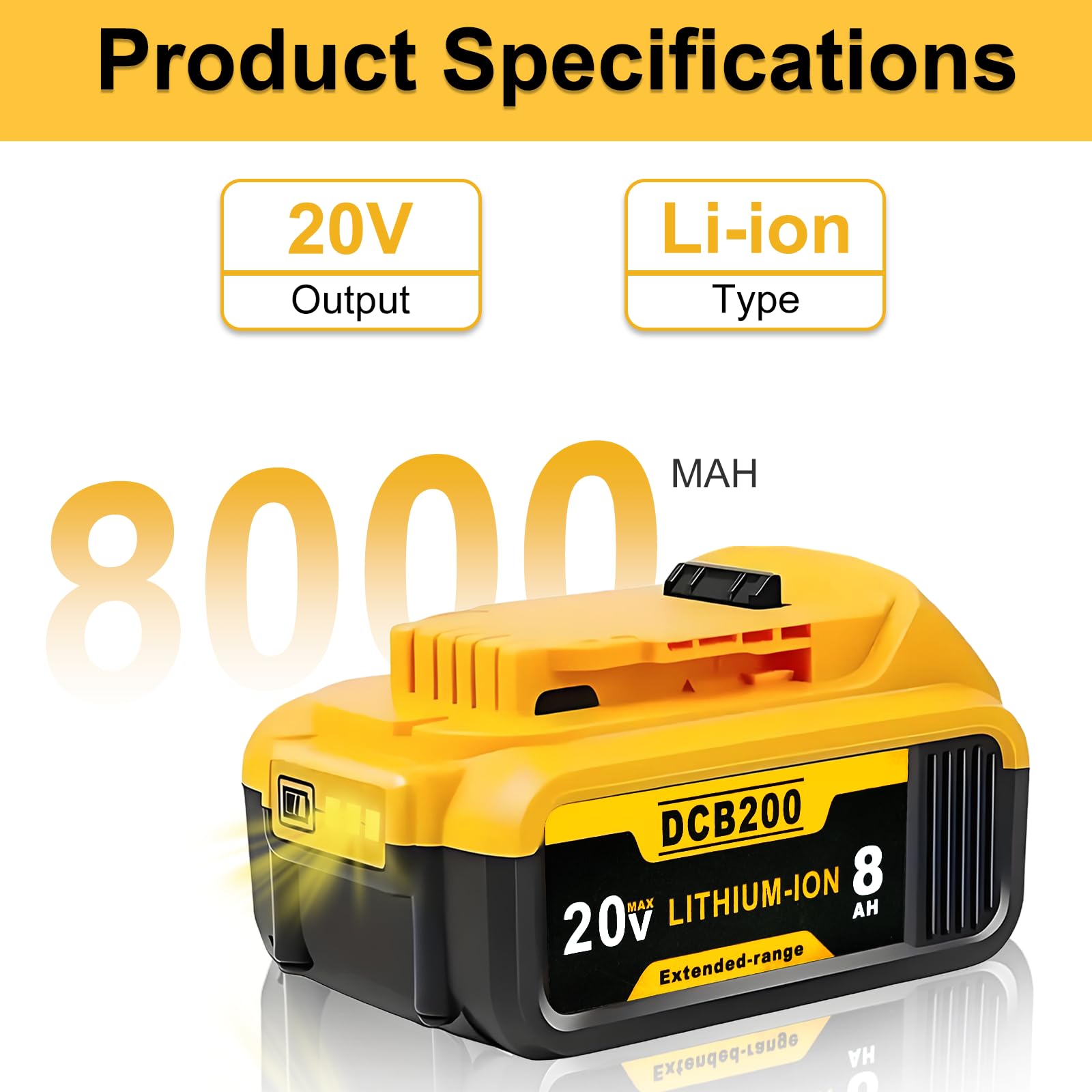 Akkopower 8.0Ah battery on charger demonstrates ready-to-use power for Dewalt tools.