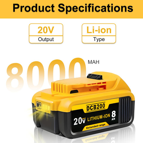 Akkopower 8.0Ah battery on charger demonstrates ready-to-use power for Dewalt tools.