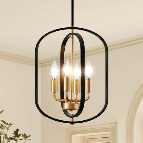 AKLMXCG black and gold chandelier over dining table with warm ambient light