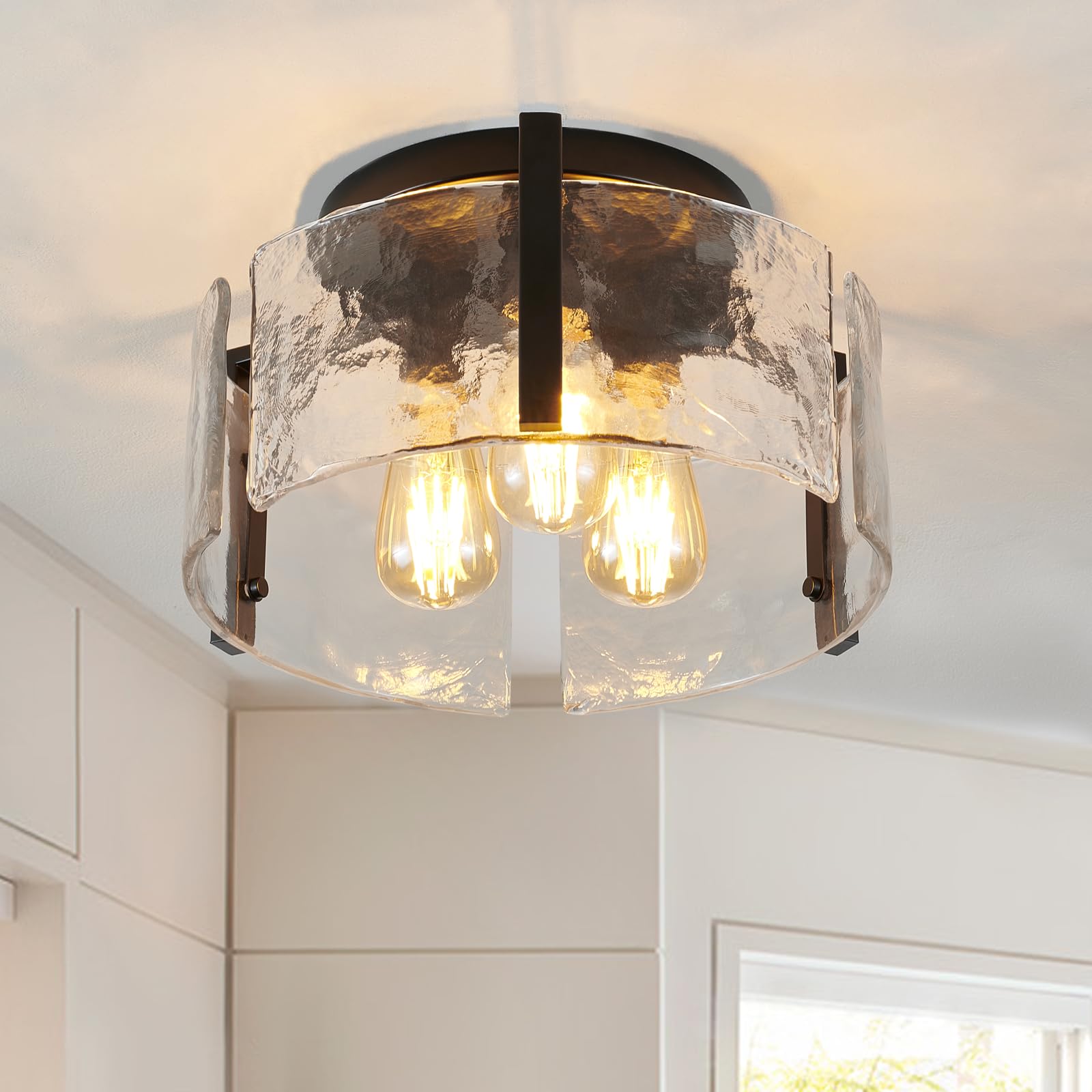 AKLMXCG black semi-flush mount ceiling light with three lights for hallway illumination.
