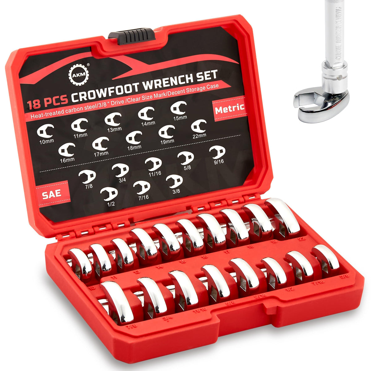 AKM 18-piece crowfoot wrench set in organized case for durable professional use.