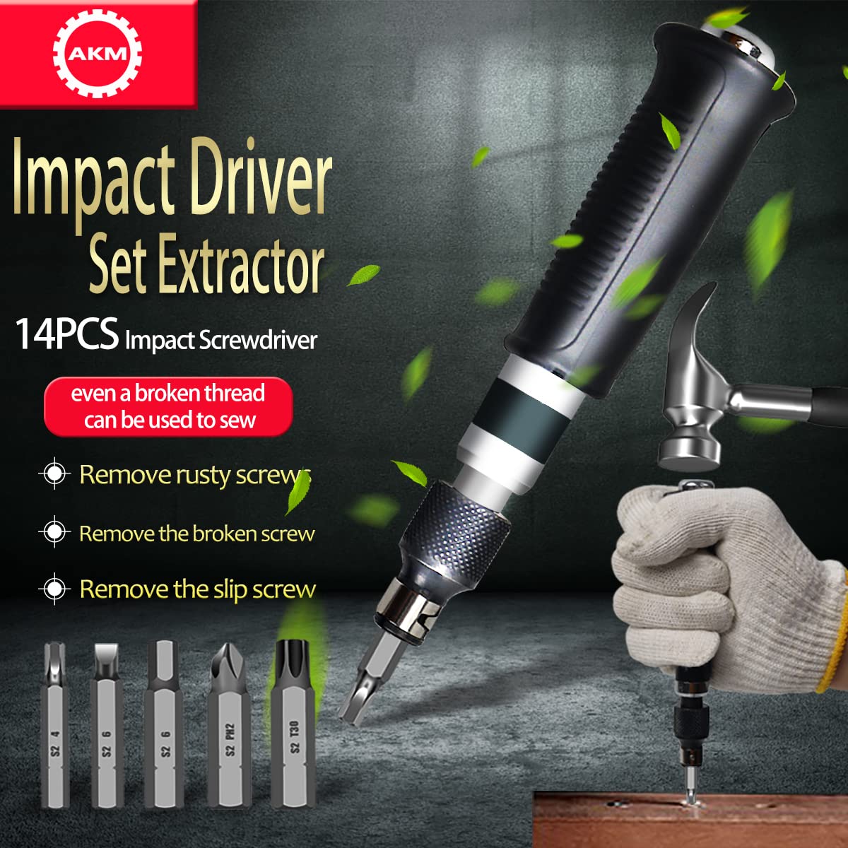 AKM Hand Manual Reversible Impact Driver adapter for 1/4-inch bit compatibility.