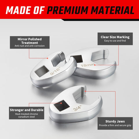 AKM metric crowfoot wrenches 10mm–22mm provide secure grip in tight spaces.