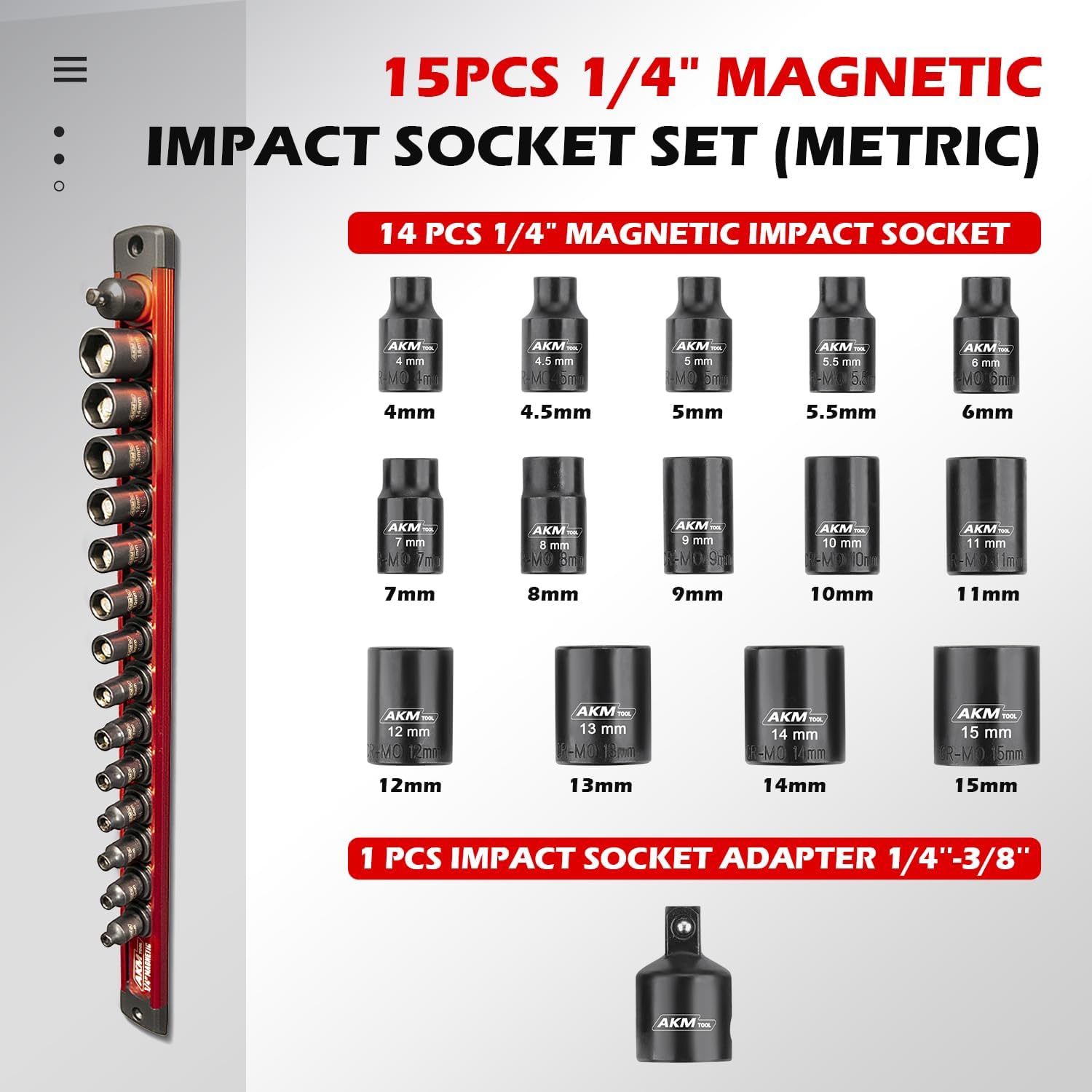 AKM TOOL 14-piece magnetic impact sockets cover 4mm–15mm for versatile fastener access.