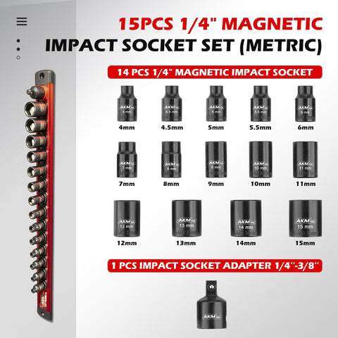 AKM TOOL 14-piece magnetic impact sockets cover 4mm–15mm for versatile fastener access.