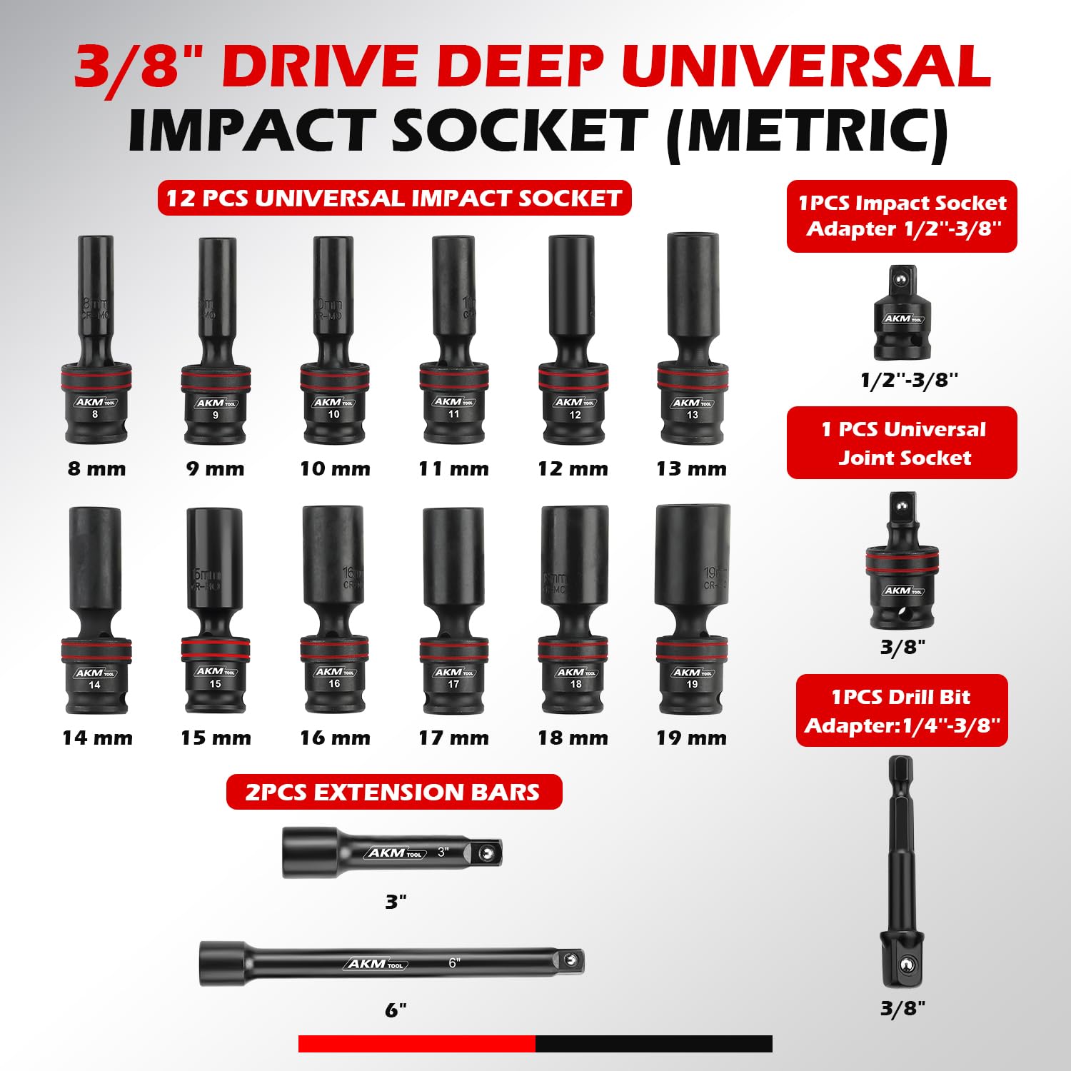 AKM TOOL 17-piece wobble sockets enable access behind obstacles.