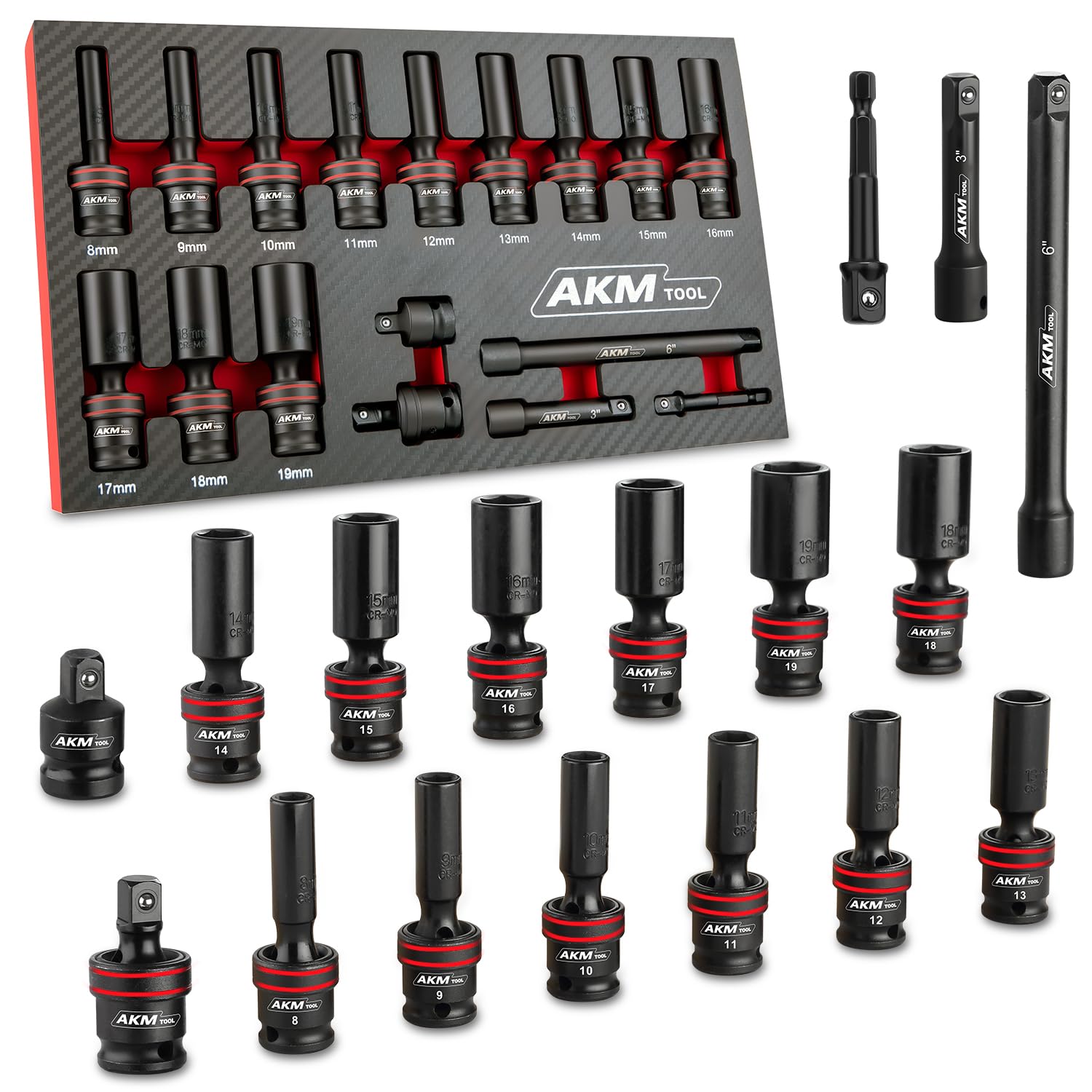AKM TOOL universal impact socket with swivel head reaching tight bolts.